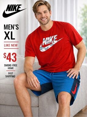 Nike Men's Royal Blue Athletic Shorts with Red Swoosh